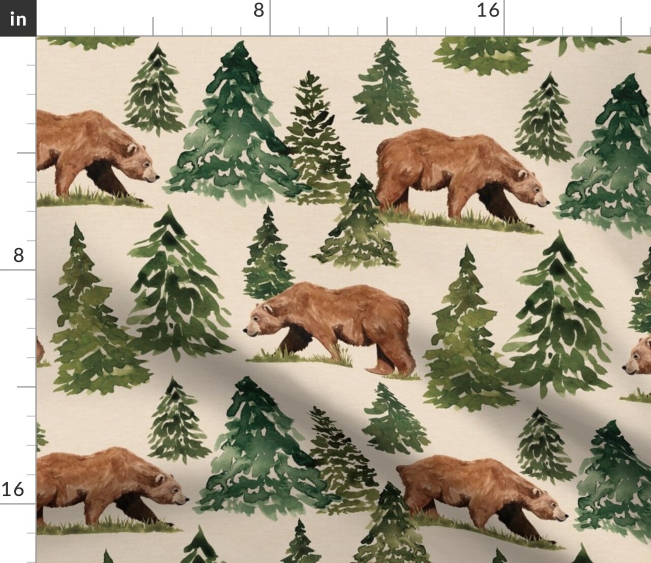 Nature Forest Woods Outdoors Wildlife Rustic Wilderness Watercolor National Park Brown Bear Pine Trees Woodland Custom Printed Fabric by Spoonflower Various Fabrics by the Yard or Fat Quarter 17099514